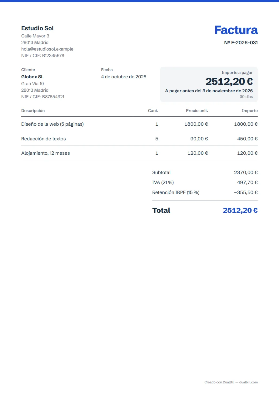 Ejemplo de factura española: Estudio Sol en Madrid factura a Globex SL, tres líneas, IVA al 21 % y retención de IRPF del 15 %.