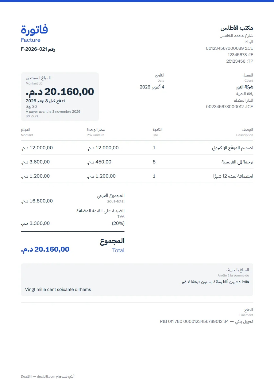مثال فاتورة بالعربية والفرنسية: مكتب الأطلس بالرباط، ثلاثة بنود، الضريبة على القيمة المضافة 20%، والمجموع بالدرهم مكتوب بالحروف باللغتين.