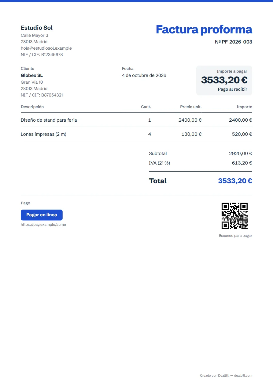 Ejemplo de factura proforma: Estudio Sol a Globex SL, dos conceptos, IVA al 21 %, importe a pagar al recibir con un código QR de pago.