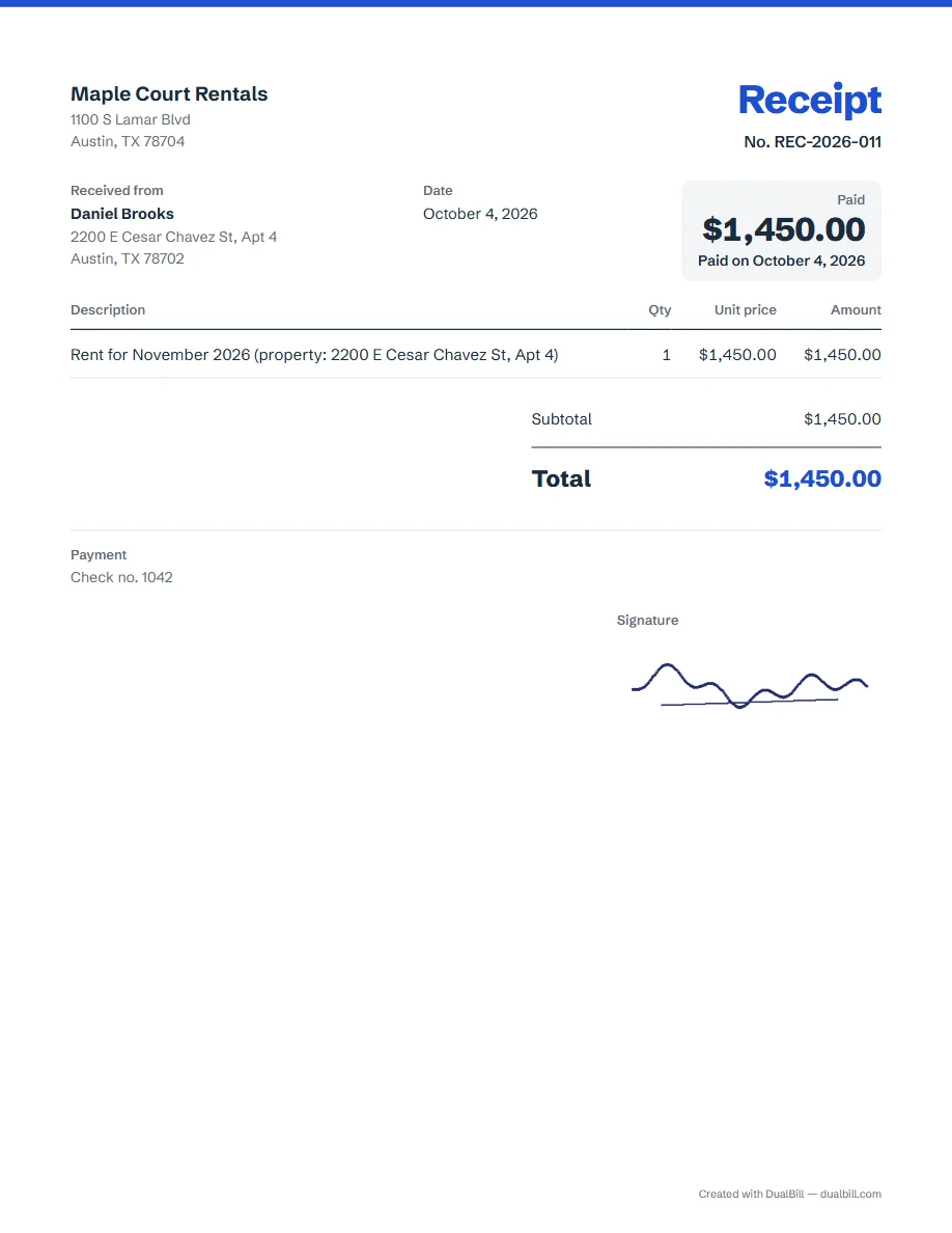 Rent receipt marked Paid for November 2026 rent on an apartment in Austin, Texas, paid by check, with the landlord's signature