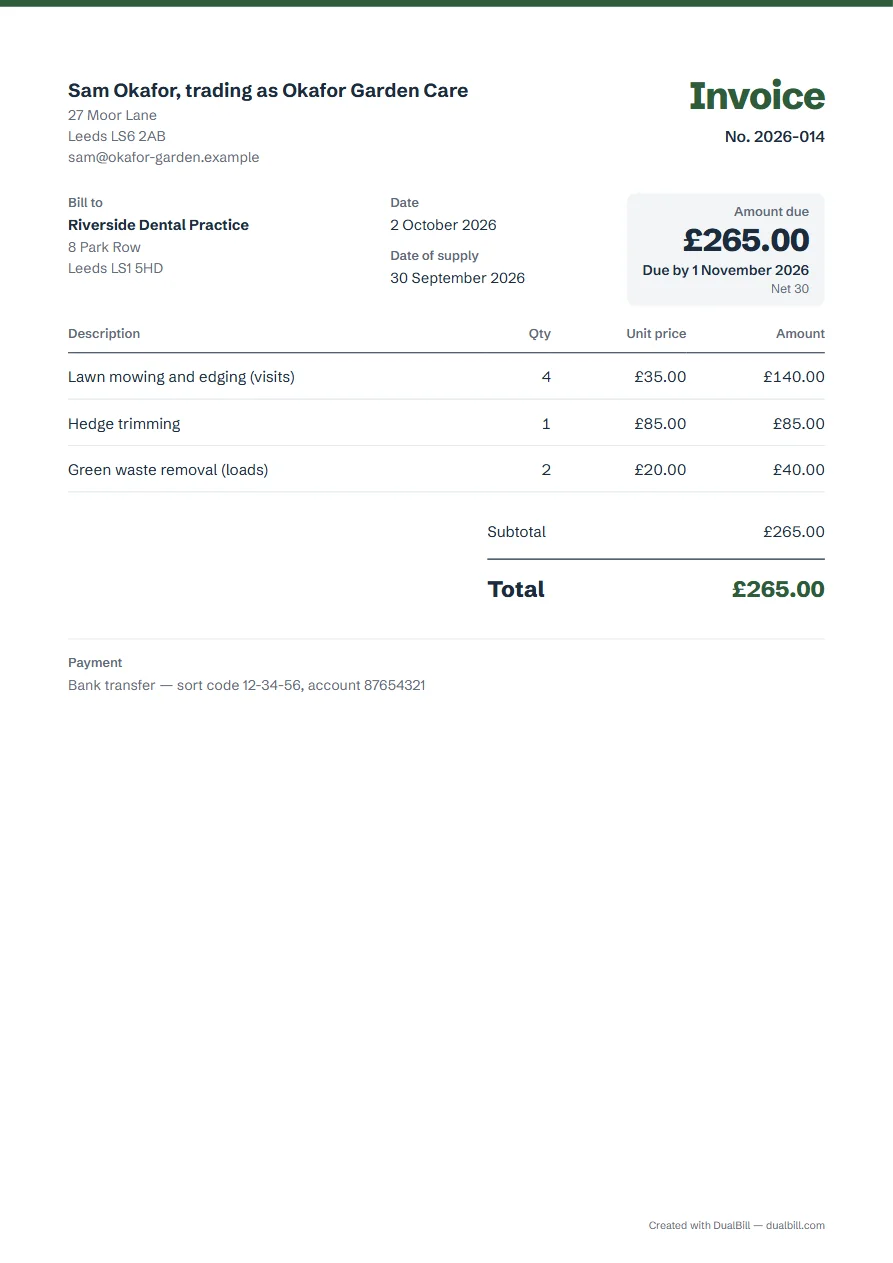 Example of a sole trader invoice without VAT: a Leeds gardener trading under a business name bills a dental practice for four lawn visits at £35, a hedge trim at £85 and two green-waste loads at £20, total £265.00, with the invoice date and a separate date of supply.