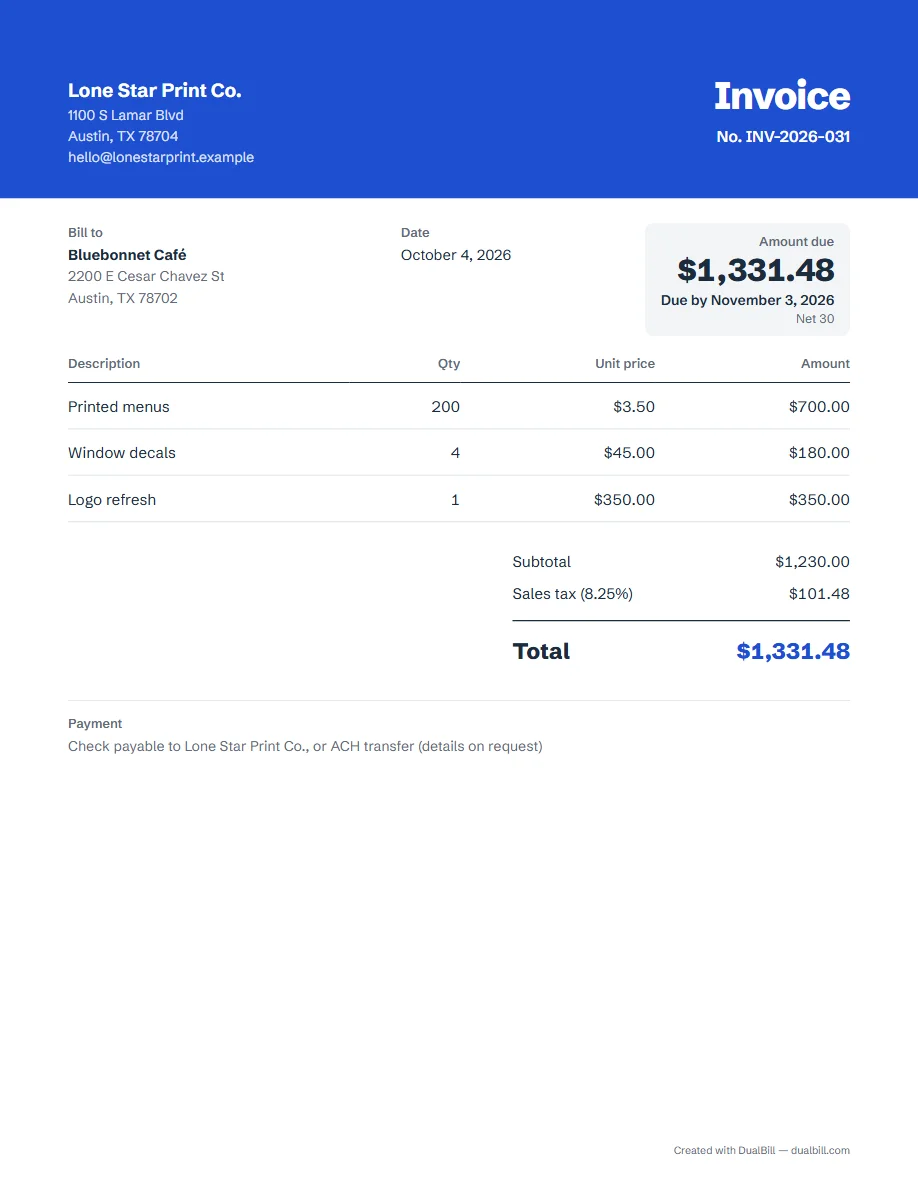US invoice with sales tax on Letter paper, Banner template