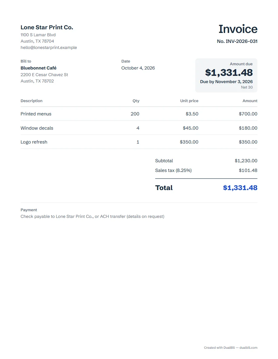 US invoice with sales tax on Letter paper, Minimal template