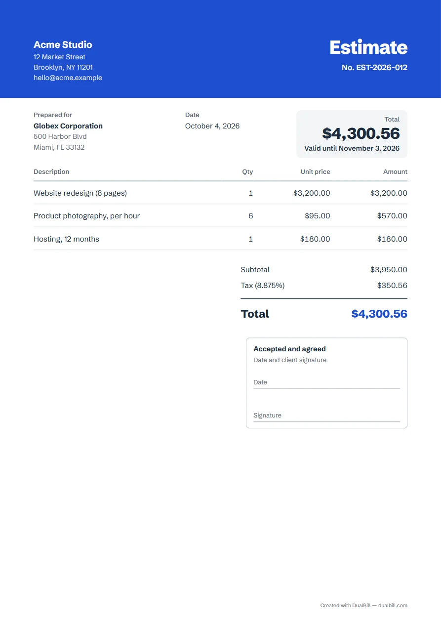 Estimate with a client signature box, Banner template
