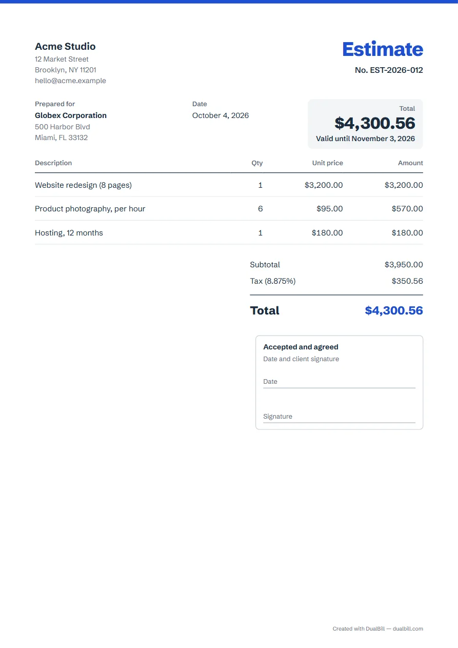 Estimate with a client signature box, Classic template