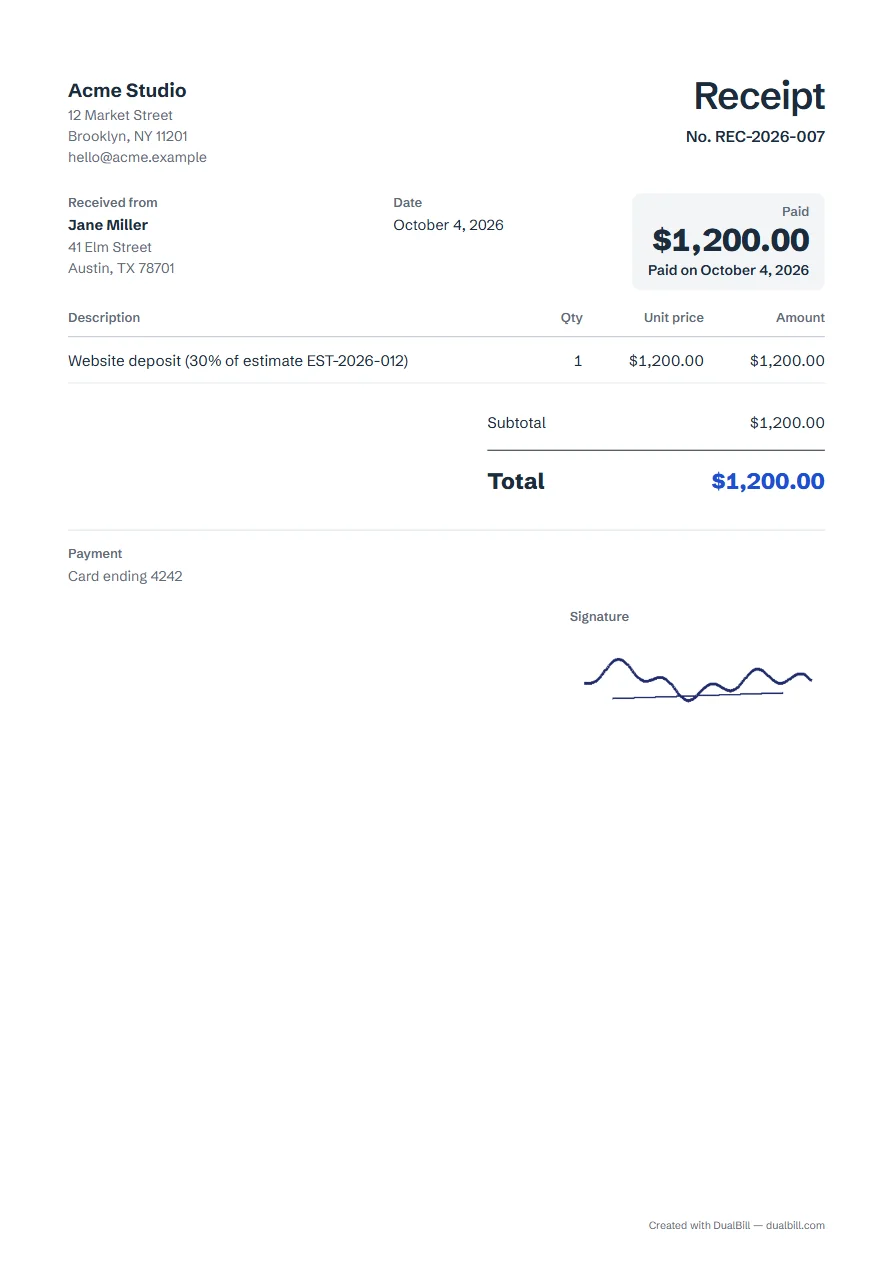 Payment receipt marked Paid, Minimal template