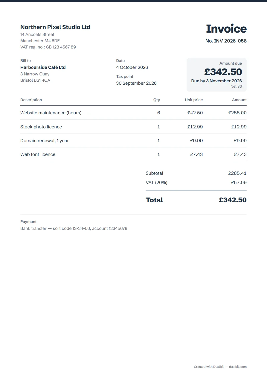 Example of a UK VAT invoice: a Manchester web studio billing a Bristol café in pounds, VAT registration number, date and separate tax point, four lines at 20% VAT, total VAT £57.09 with each line rounded to the nearest penny.