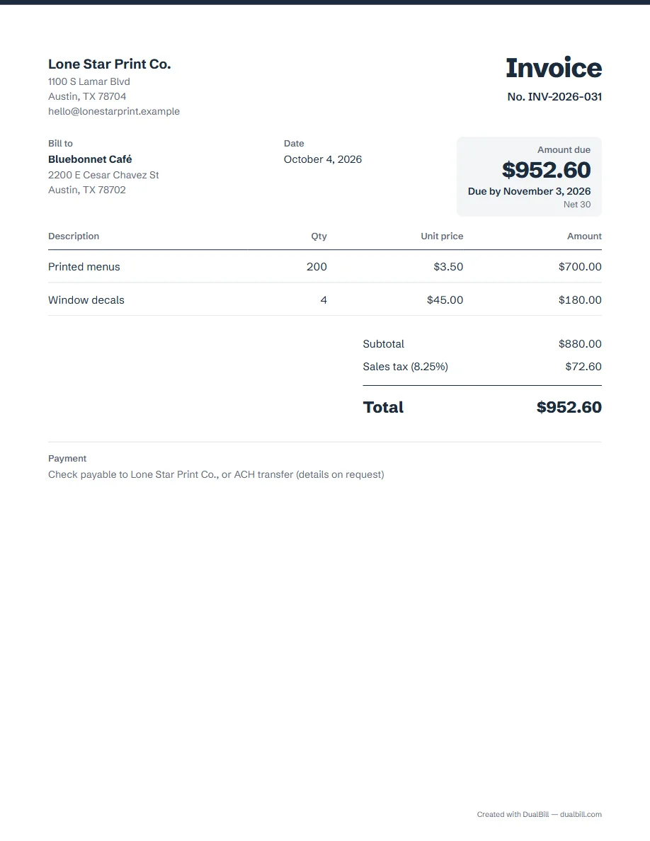 Example of a US invoice: an Austin print shop bills a café for 200 printed menus at $3.50 and 4 window decals at $45, $880.00 before tax, sales tax at 8.25% of $72.60, $952.60 due.